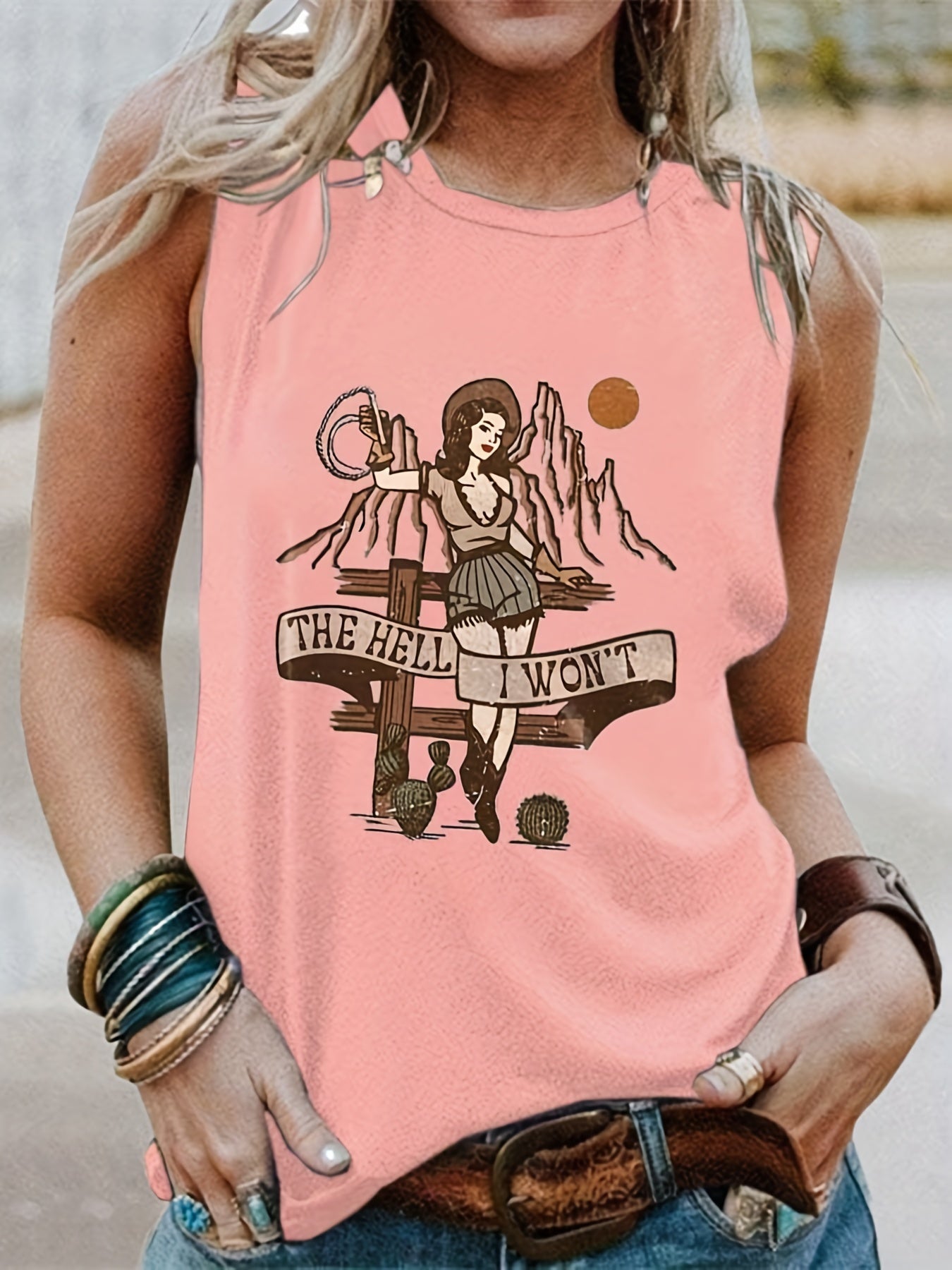  Cartoon Print Tank Top Crew Neck Medium Stretch