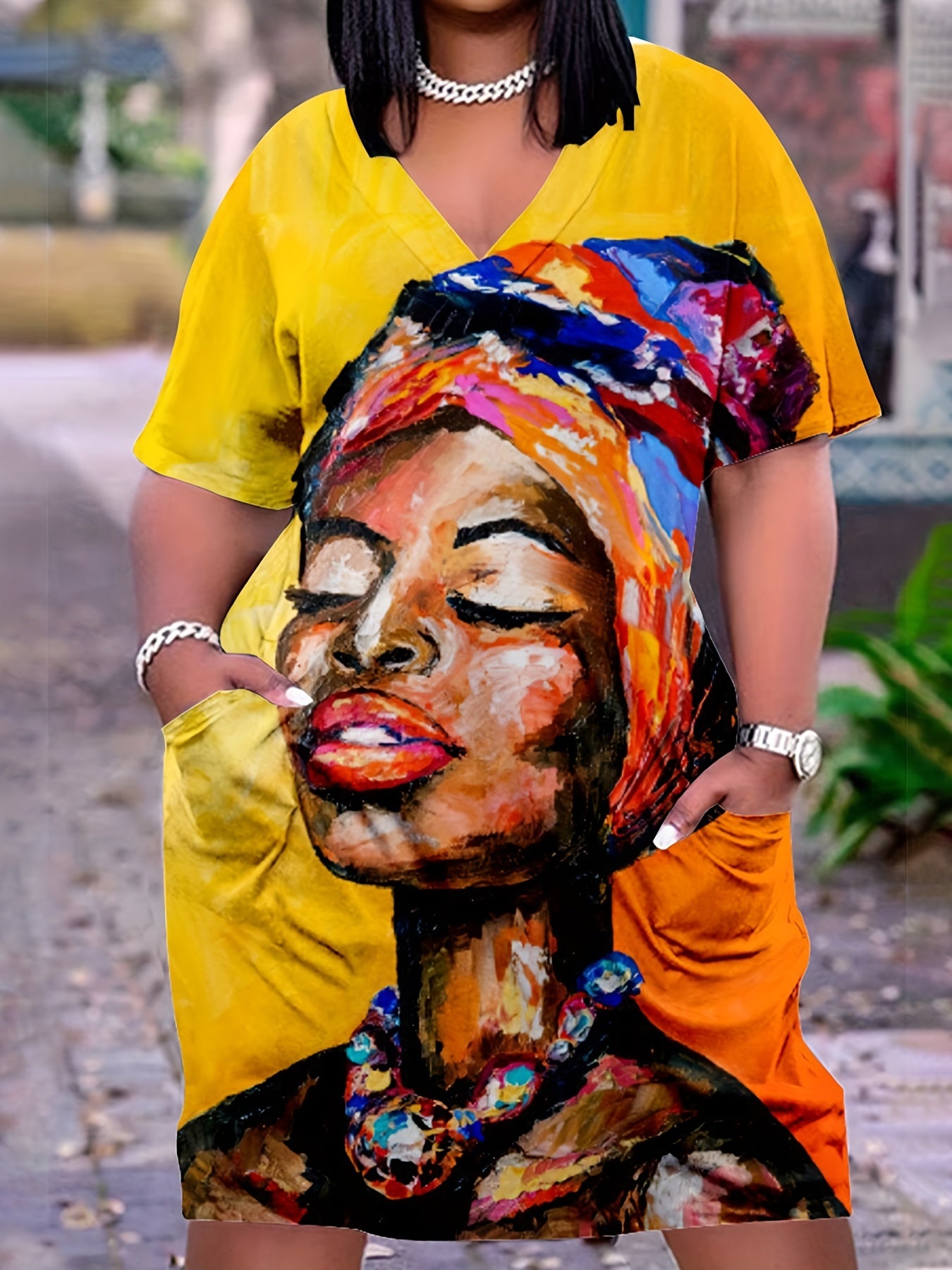 Women's Plus Figure & Butterfly Print Short Sleeve V Neck Tee Dress