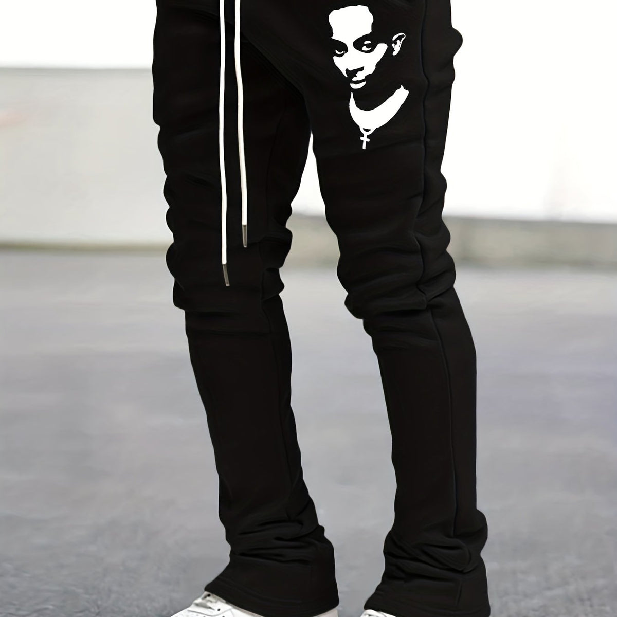 Men's Drawstring Bell bottom Pants Portray Pattern Casual Slim Pants