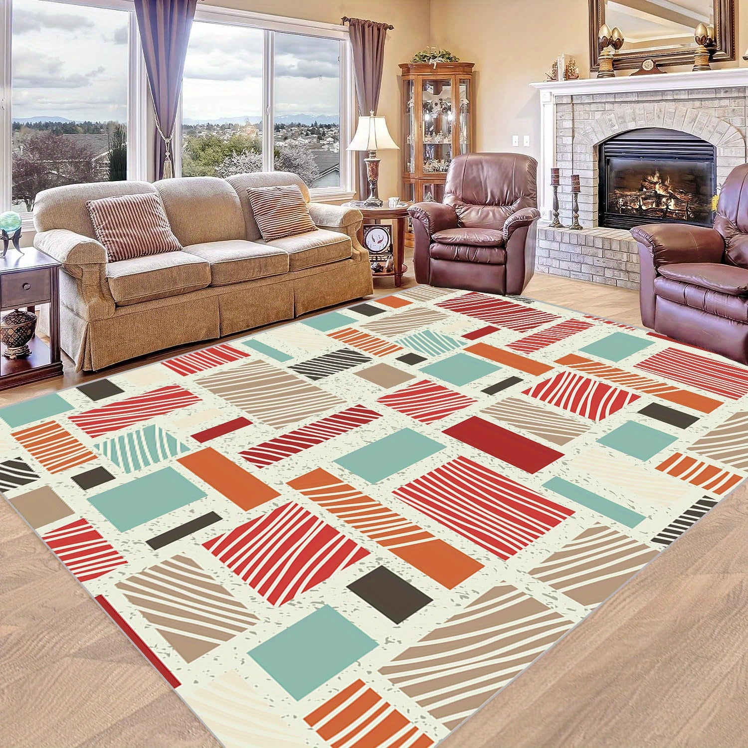 Soft Geometric Area Rug Washable Non Slip Backing Low Pile Non Shed