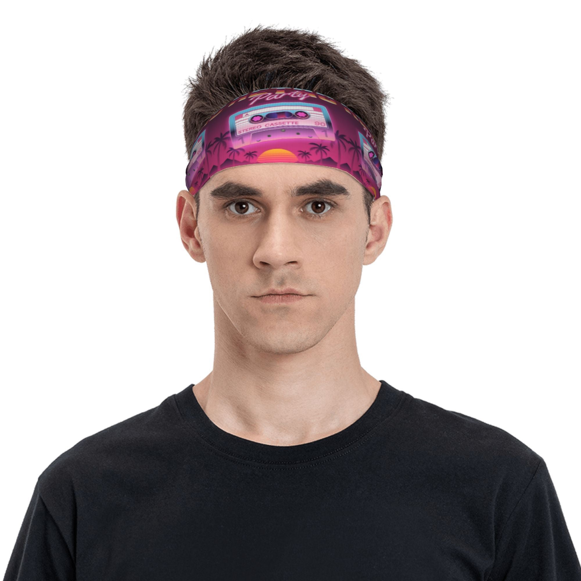 Retro Neon Sports Headband - Cassette Tape & Palm Tree Design