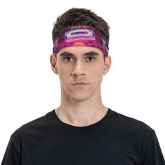 Retro Neon Sports Headband - Cassette Tape & Palm Tree Design