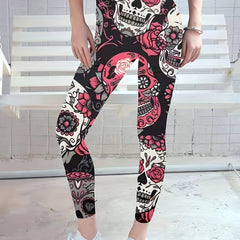  Halloween Sports Leggings Women's Plus Floral Skull Print High Waist