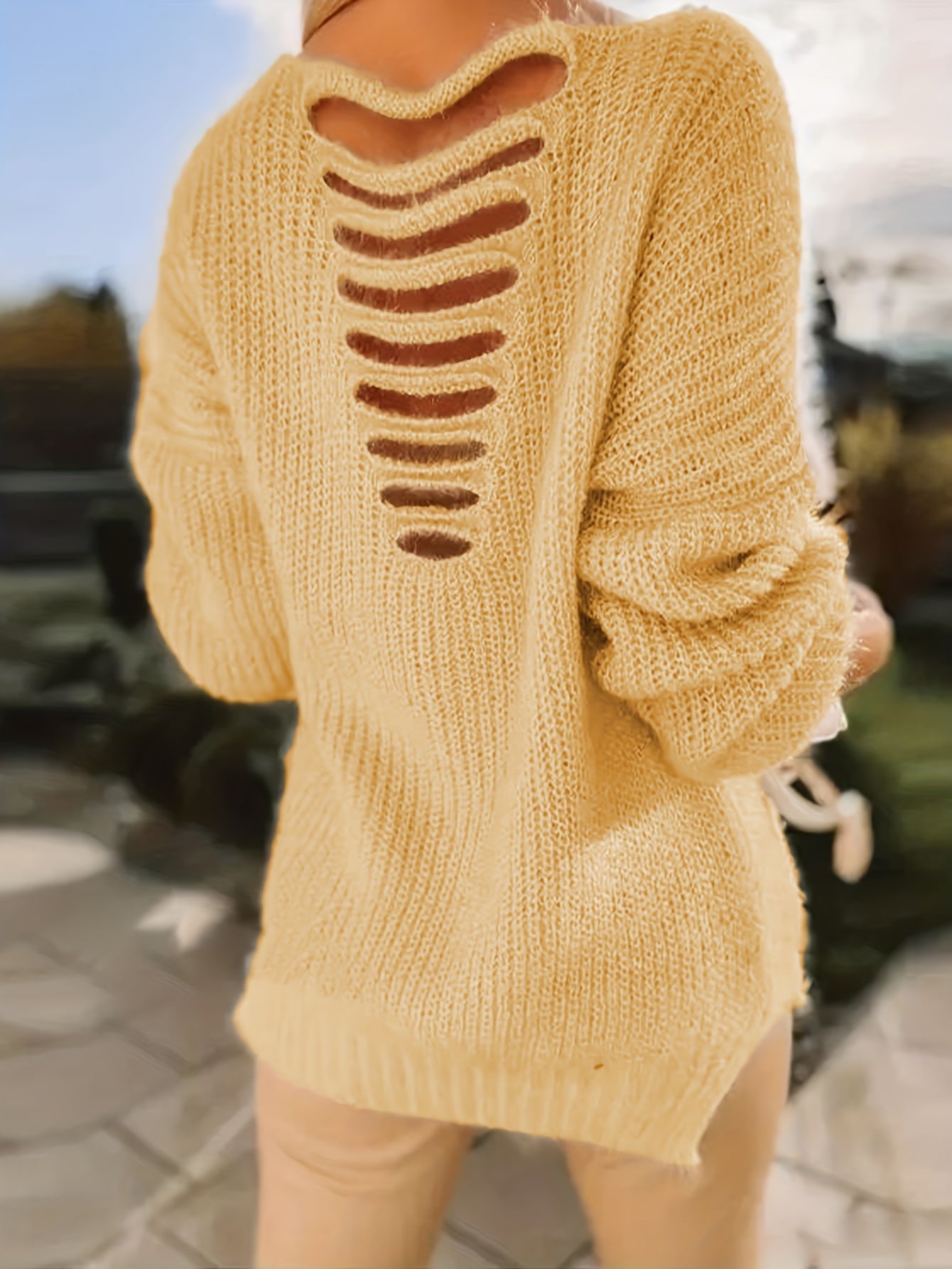  Casual Sweater Women Solid Knit Cut Out Back V Neck Long Sleeve Pullov