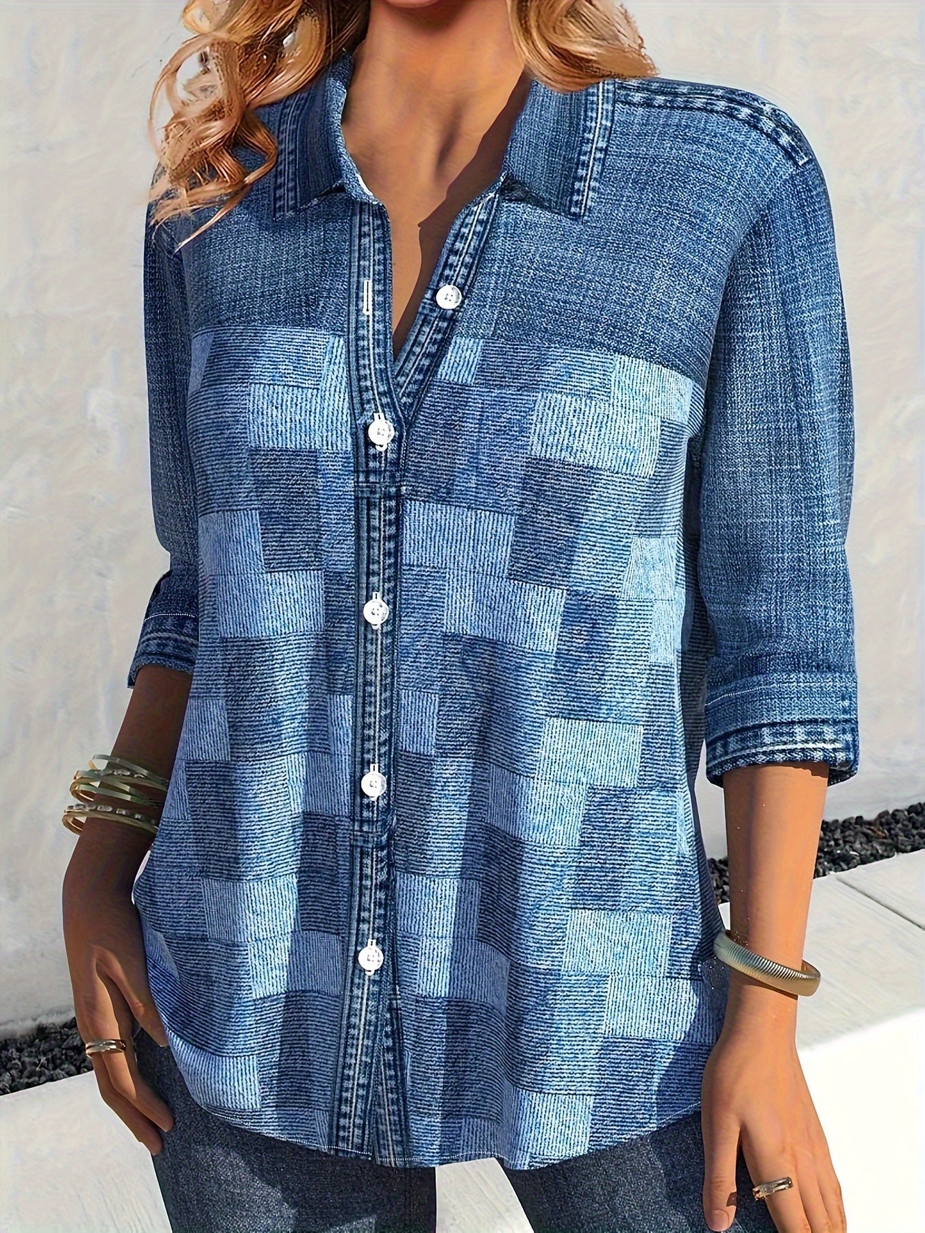  Denim Print Long Sleeve Button Up Shirt