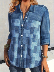  Denim Print Long Sleeve Button Up Shirt
