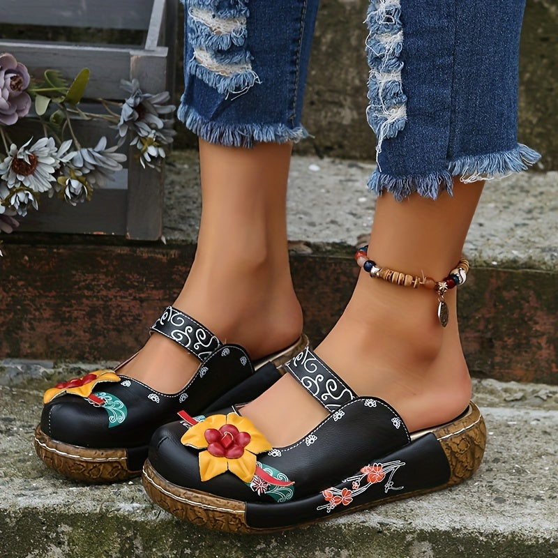 Women's Floral Platform Mules Closed Toe Wedge Slides Sandals