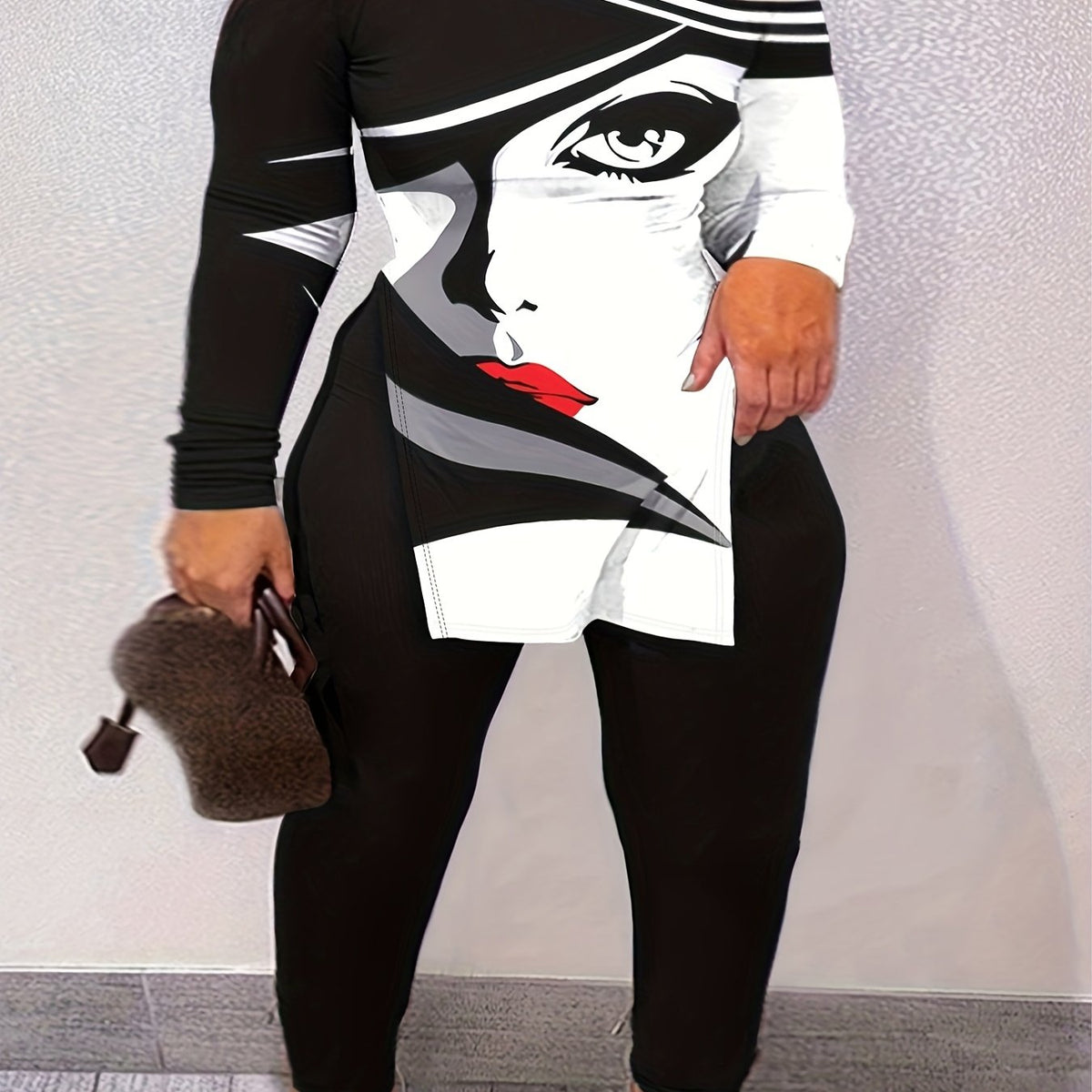  Cartoon Print Long Sleeve One Shoulder Top & Leggings Set