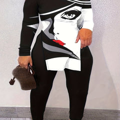  Cartoon Print Long Sleeve One Shoulder Top & Leggings Set