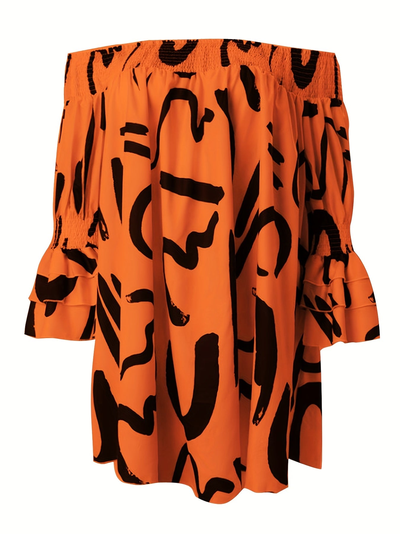  Off Shoulder Ruffle Sleeve Geometric Print Midi Dress
