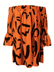  Off Shoulder Ruffle Sleeve Geometric Print Midi Dress
