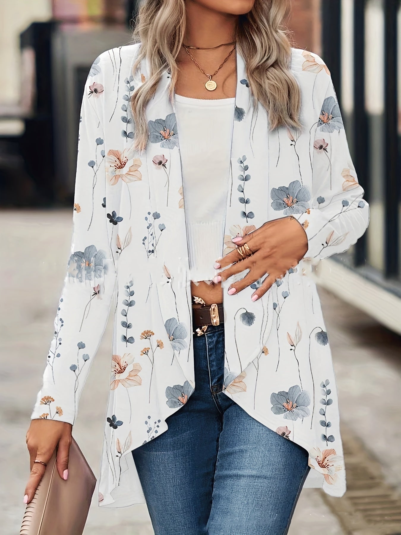  Floral Print Open Front Cardigan