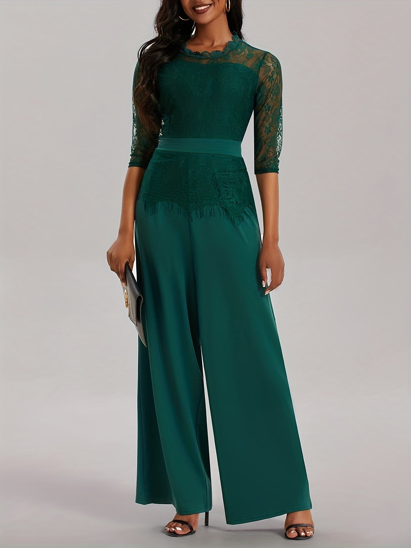 Half Sleeve Wide Leg Lace Stitching Jumpsuit Women's Clothing