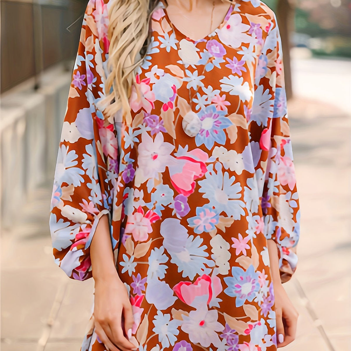 Floral Print Lantern Sleeve V Neck Midi Dress