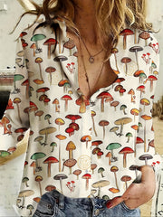  Mushroom Print Long Sleeve Button Up Shirt