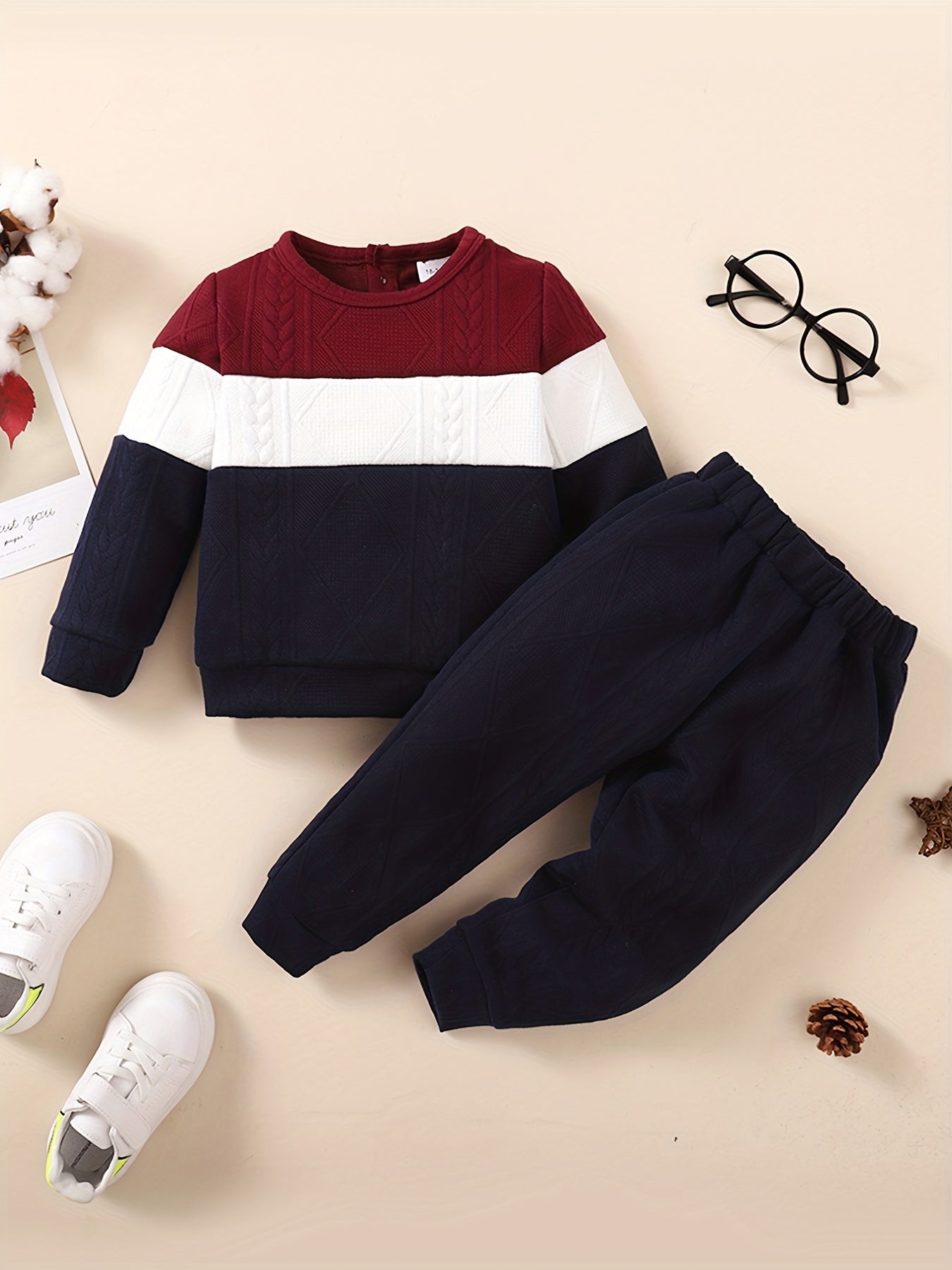 Boys Casual Knitted Block Pullover Top & Pants Set
