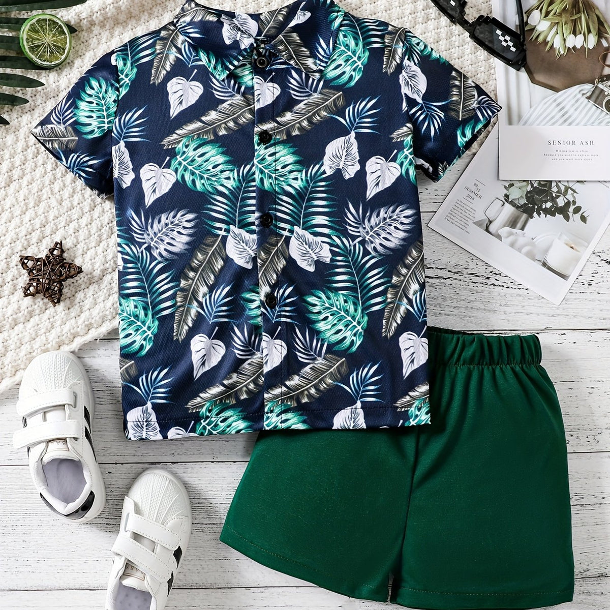 Boys Leaf Print Casual Outfit Shirt & Shorts Set