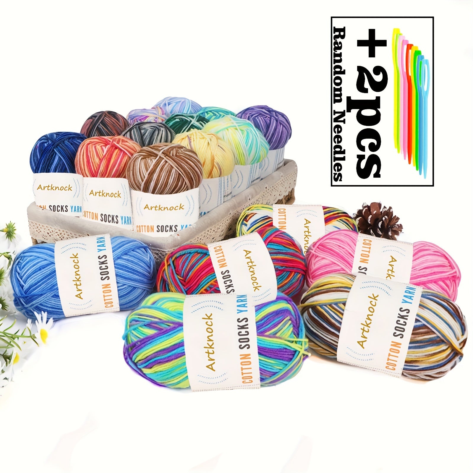 50g Multicolor Yarn + 2 Needles, Cotton Yarn for Knitting Crocheting