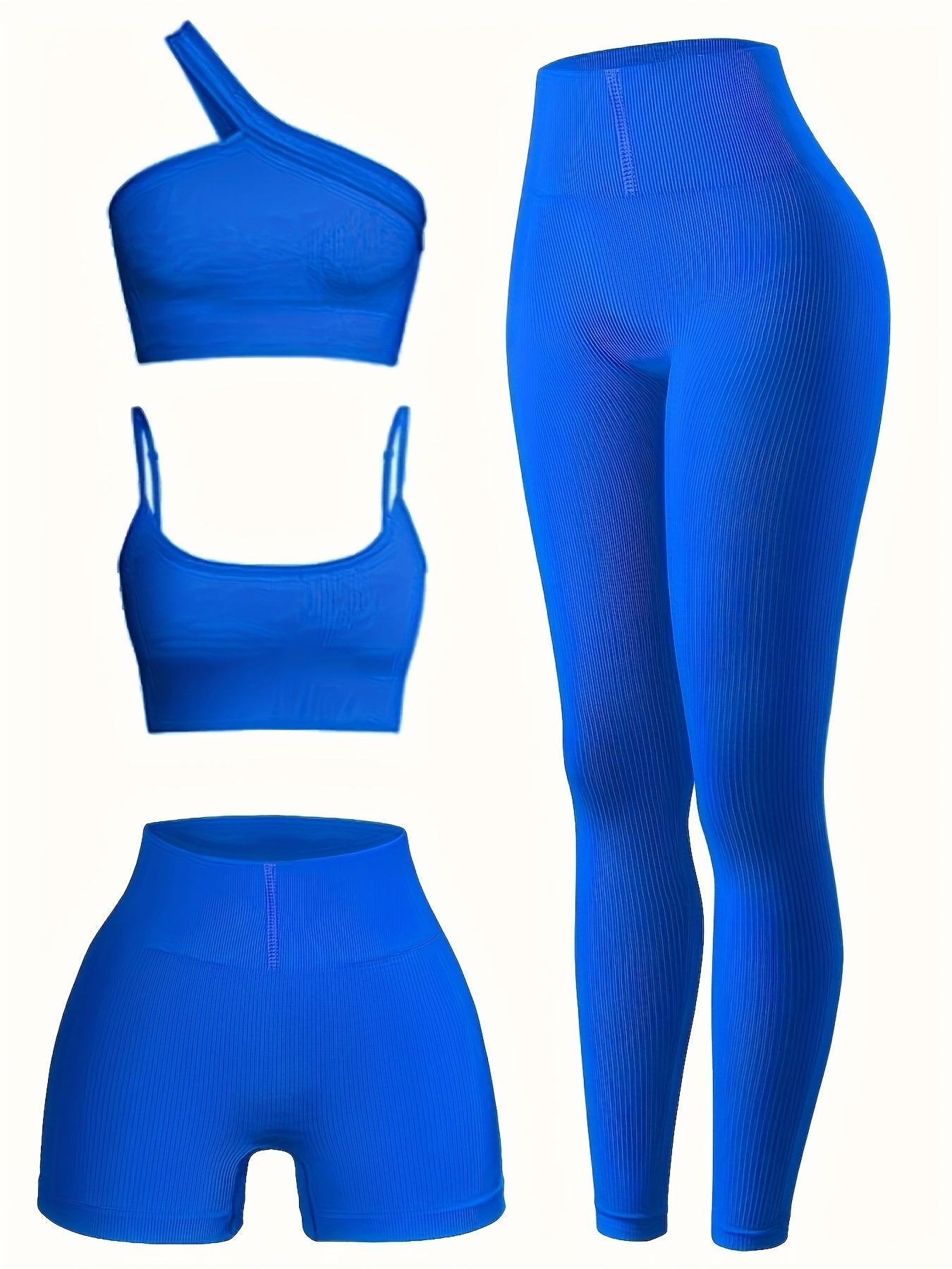 4pcs Yoga Sets Cami Sports Top One Shoulder Crop Top High Waist Shorts & Legging