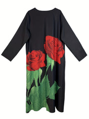  Rose Print V Neck Maxi Dress