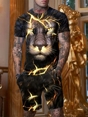 Men's 3D Lion Graphic T shirt & Active Stretch Shorts Set