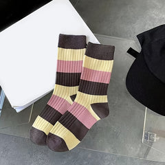 3 Pairs Striped Crew Socks Mid Tube Women's Stockings