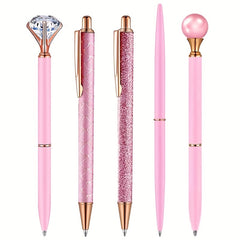 8pcs Pink Ballpoint Pen Set Crystal Diamond Fancy Pens Retractable Ink