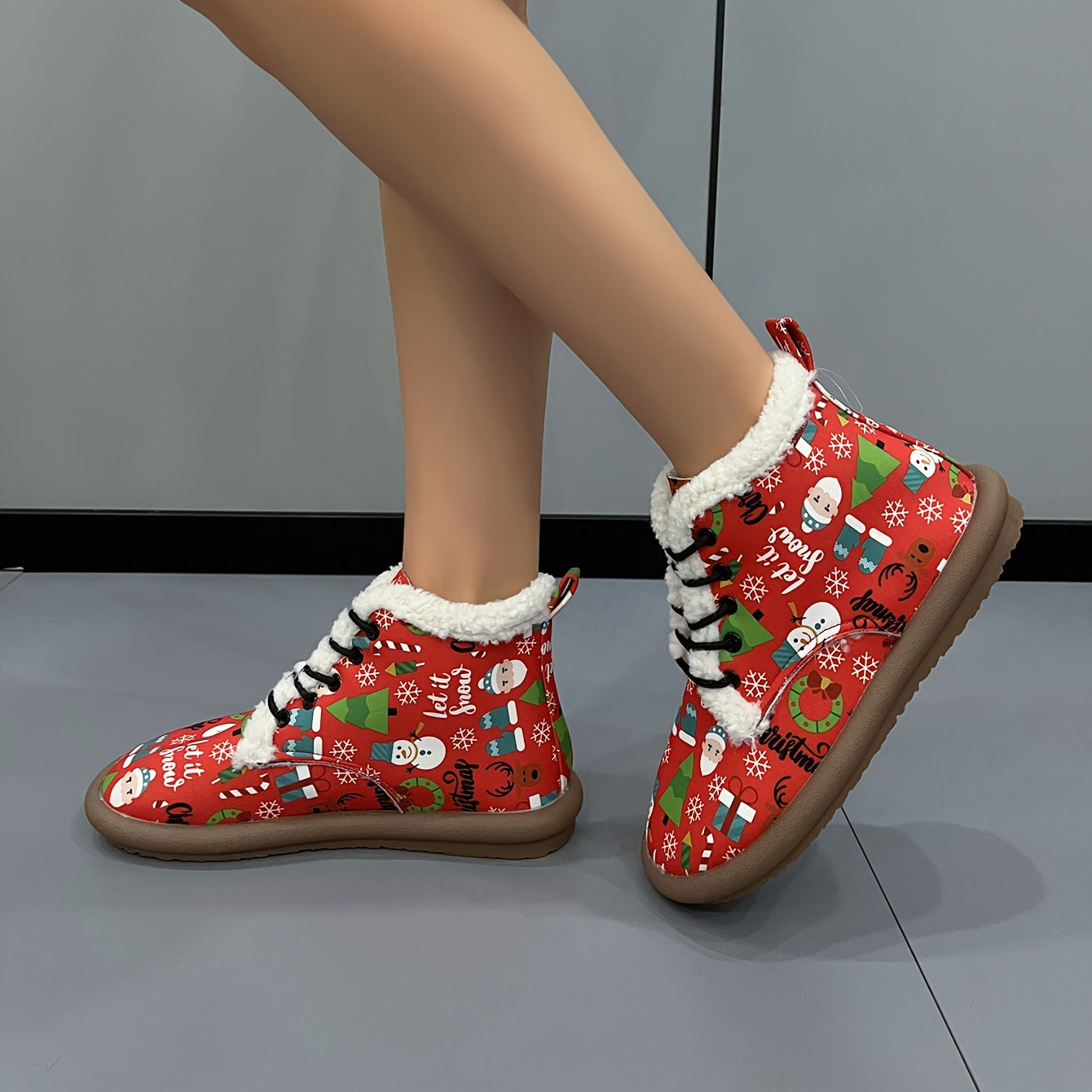 Women's Lace-Up Christmas Snow Boots Fleece-Lined Thermal Ankle Boots