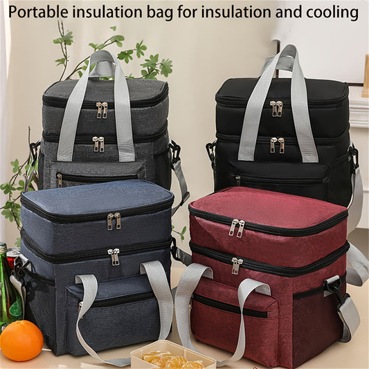 Large Capacity Double Layer Lunch Bag Insulated Oxford Fabric Adjustable