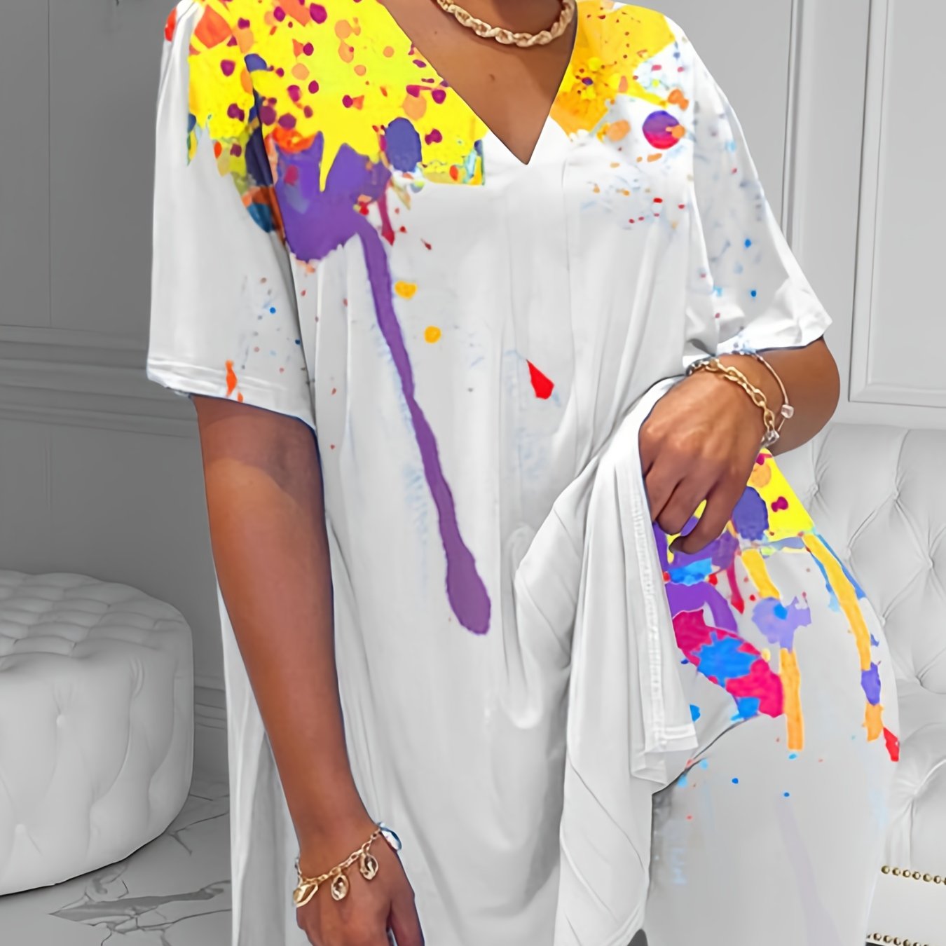  Ink Print V Neck T shirt & Shorts Set