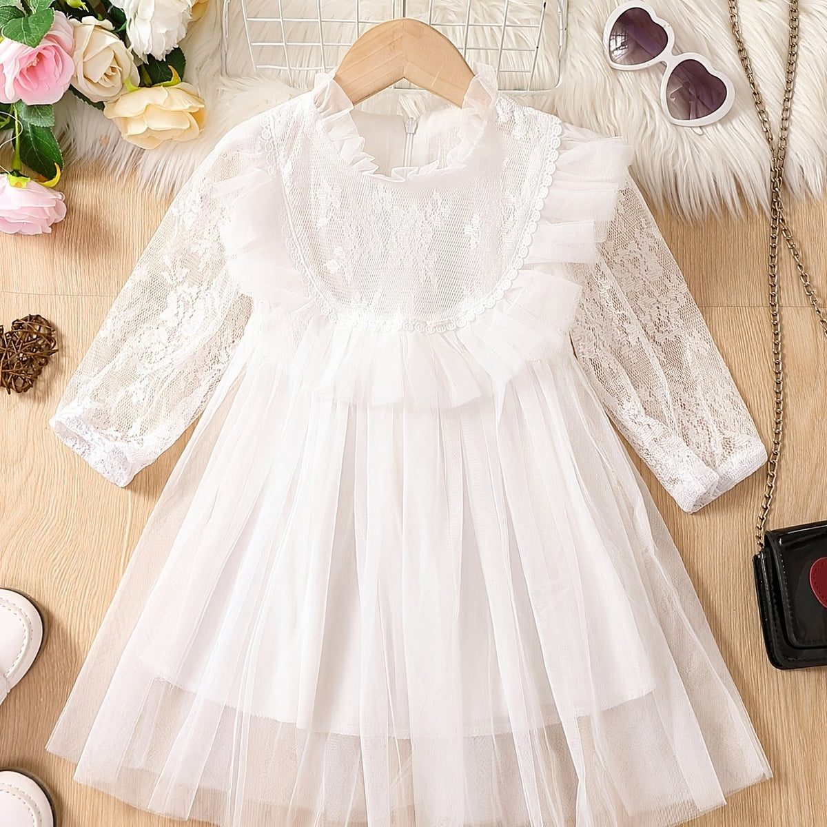 Lace Princess Dress For Toddler Girls Ruffle Collar Mesh Long Sleeve