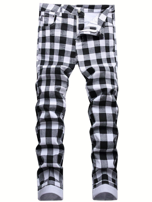 Plaid Slim Fit Jeans Mens Casual Stretch Denim Pants