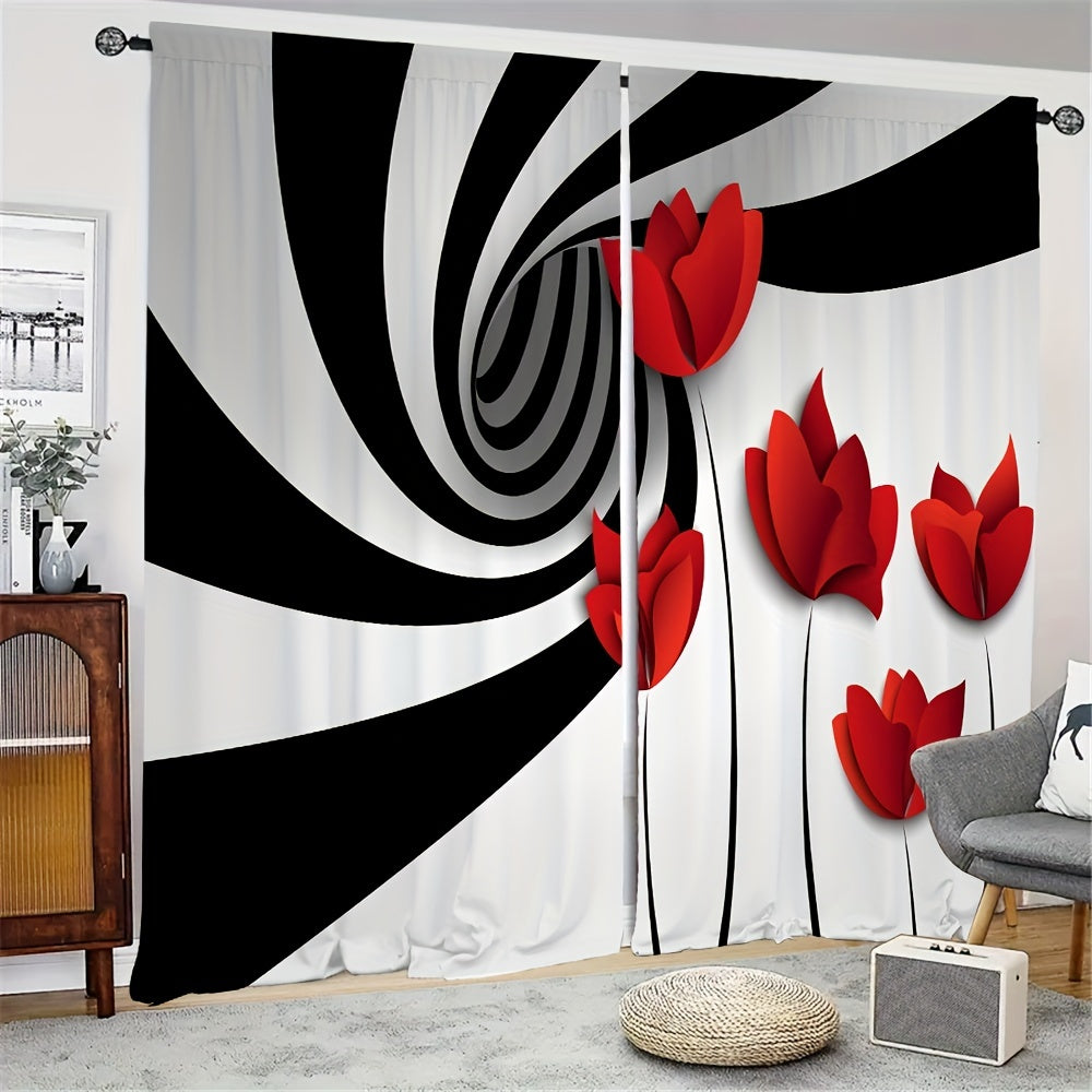 Abstract Art Window Curtain Red Flower & Abstract Spiral Circle Rod Pocket