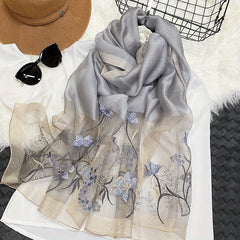 Silk Blend Scarf Flower Embroidery Shawl Breathable Windproof