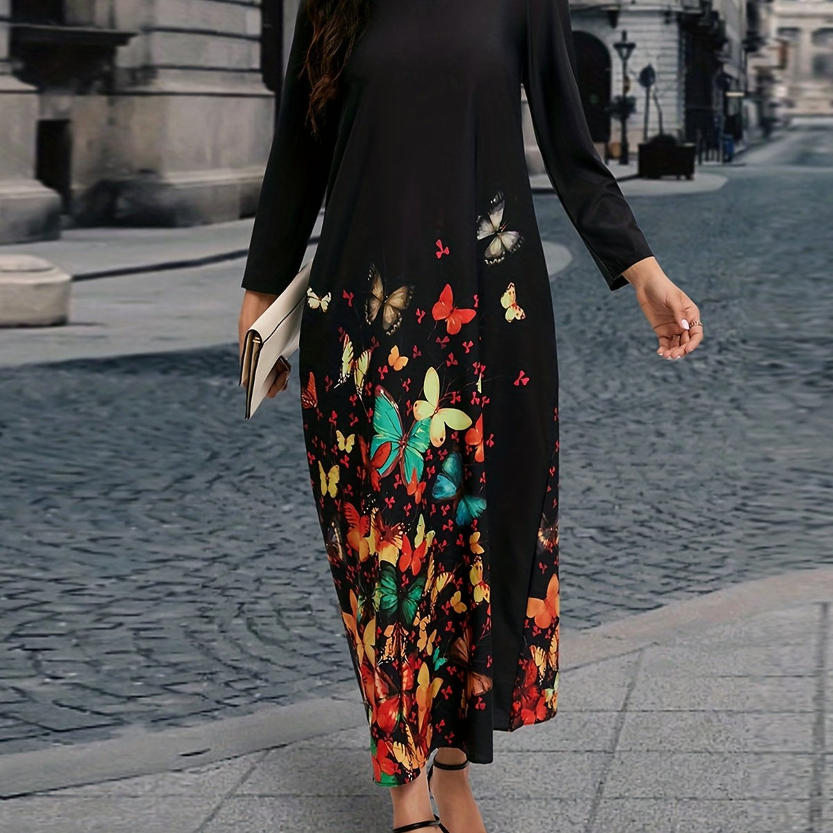 Butterfly Print Maxi Dress Casual Long Sleeve Dress Women's Clothing