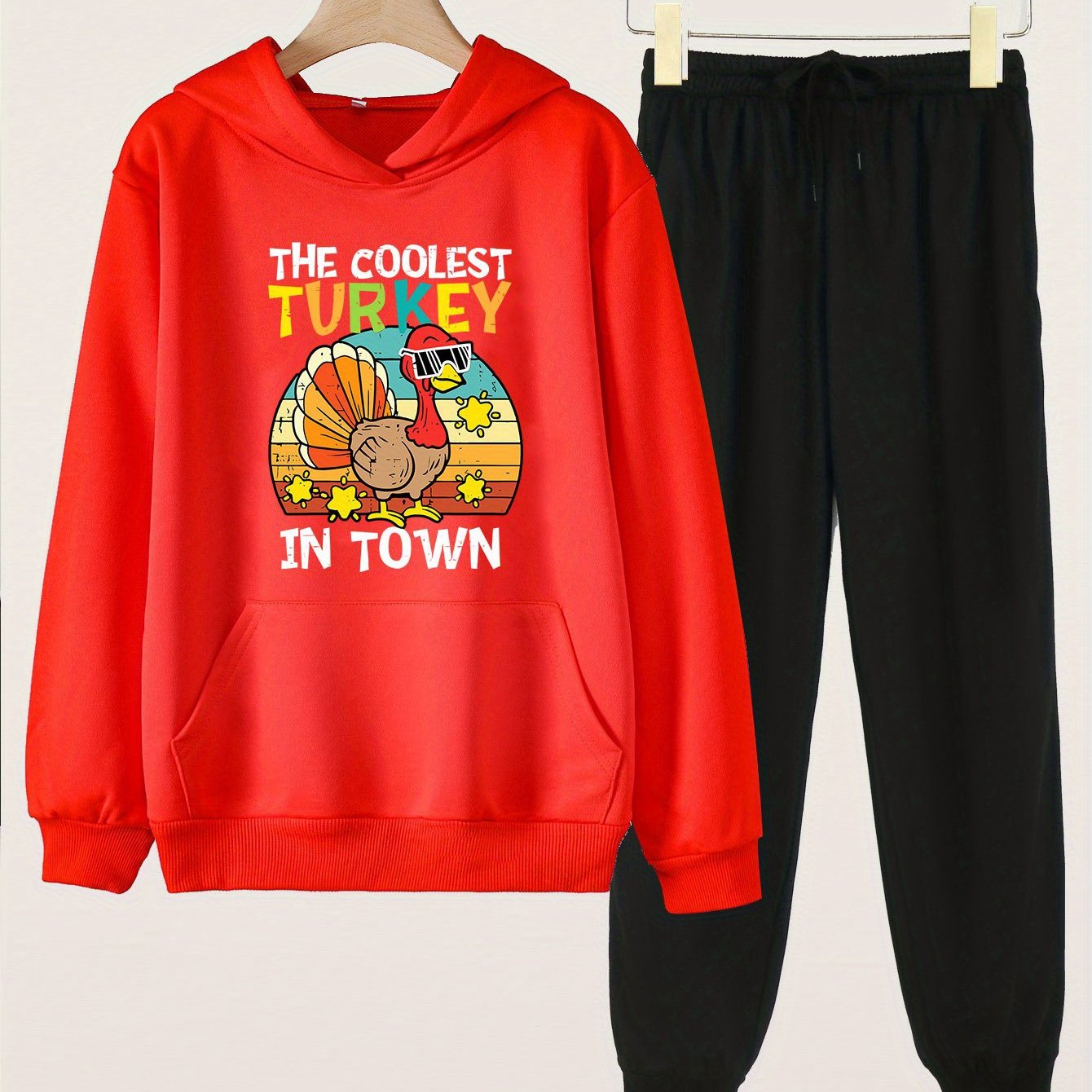 Girls 2pc Turkey Pattern Hooded Sweatshirt and Sweatpants Set