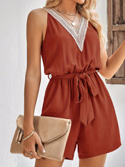 Guipure Lace Belted Romper Jumpsuit