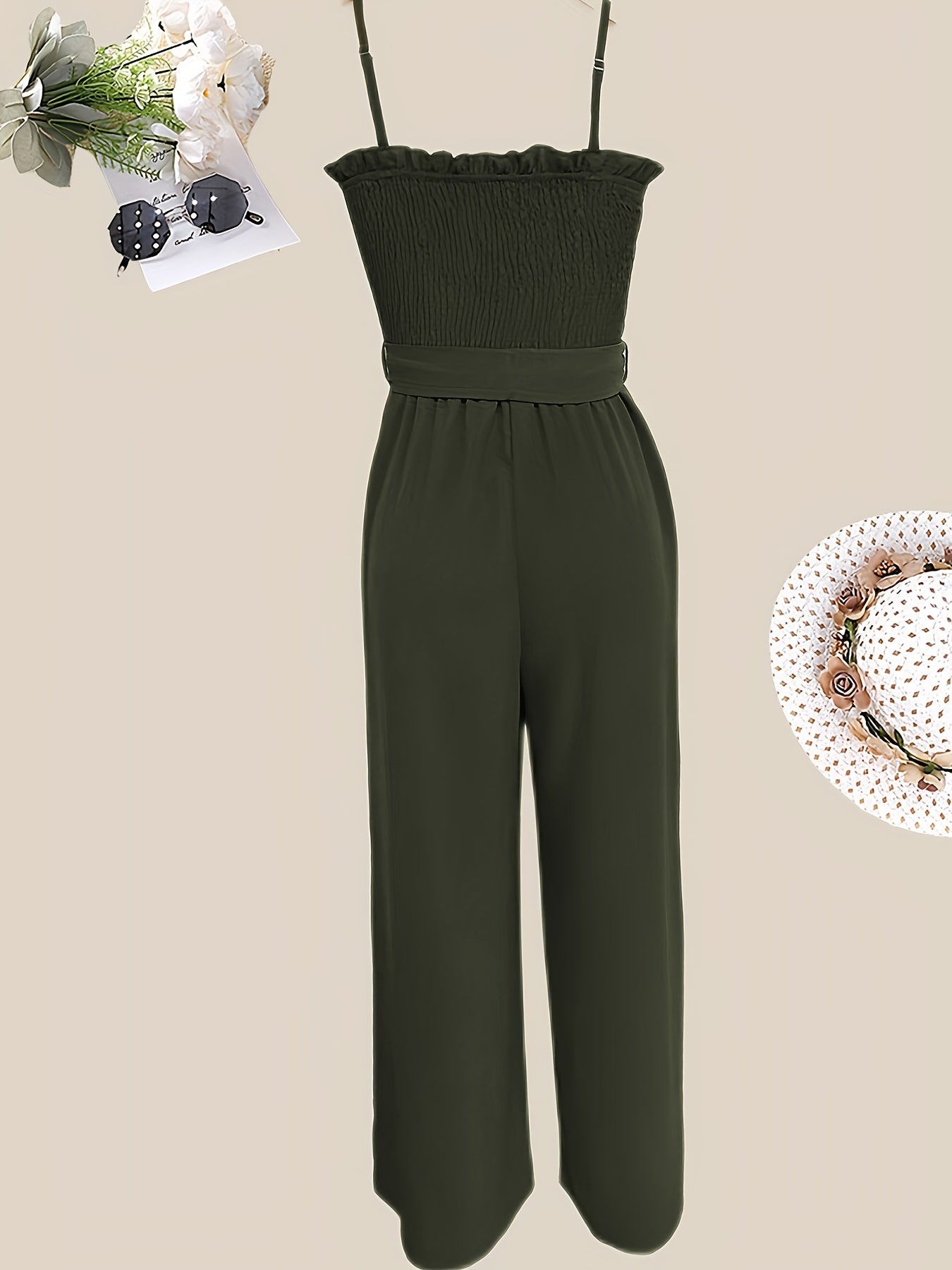 Shirred Wide Leg Jumpsuit Solid Spaghetti Strap Sleeveless