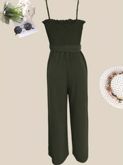 Shirred Wide Leg Jumpsuit Solid Spaghetti Strap Sleeveless