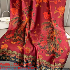 Red Peacock Print Silk Long Scarf Vintage Large Shawl