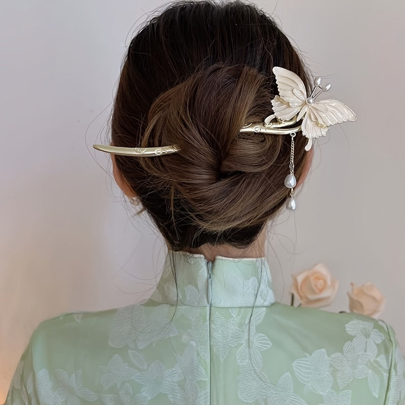 Chinese Vintage Butterfly Tassel Faux Pearl Hairpin Hanfu Antique Metal