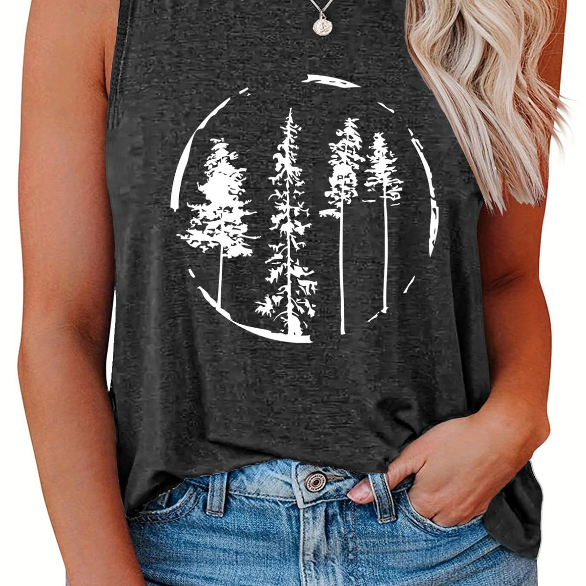  Tree Print Casual Tank Top Women's Plus Round Neck Slight Stretch