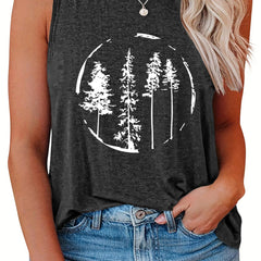  Tree Print Casual Tank Top Women's Plus Round Neck Slight Stretch