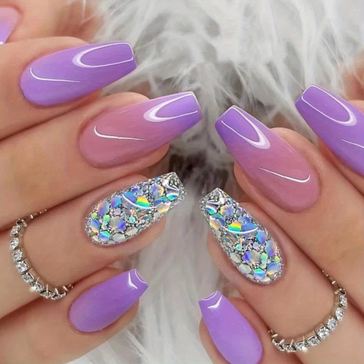 24 pcs Gradient Purple Coffin Glitter Press On Nails Glossy False Nails