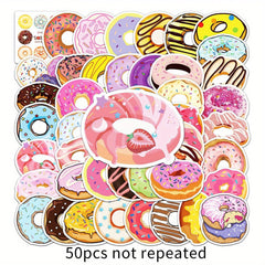 50pcs Donut Pattern Waterproof Stickers For Water Bottles Laptop Scrapbook