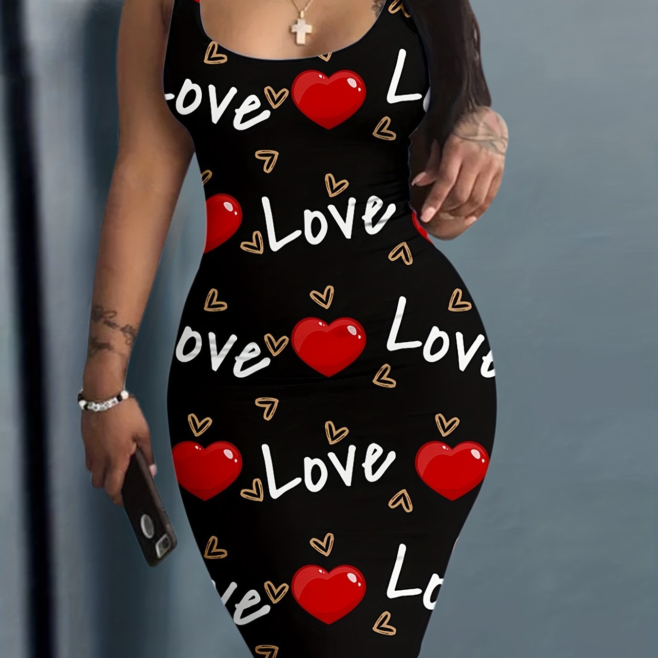 Plus Size Casual Dress Women's Plus Art Letter & Heart Print Bodycon Tank Dress