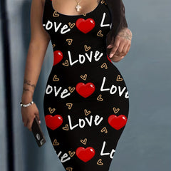 Plus Size Casual Dress Women's Plus Art Letter & Heart Print Bodycon Tank Dress