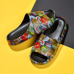 Men's Retro Bottle Cap Print Platform Slide Sandals