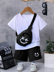 3pcs Boys Happy Face Print T shirt & Shorts & Bag Summer Clothes Sets