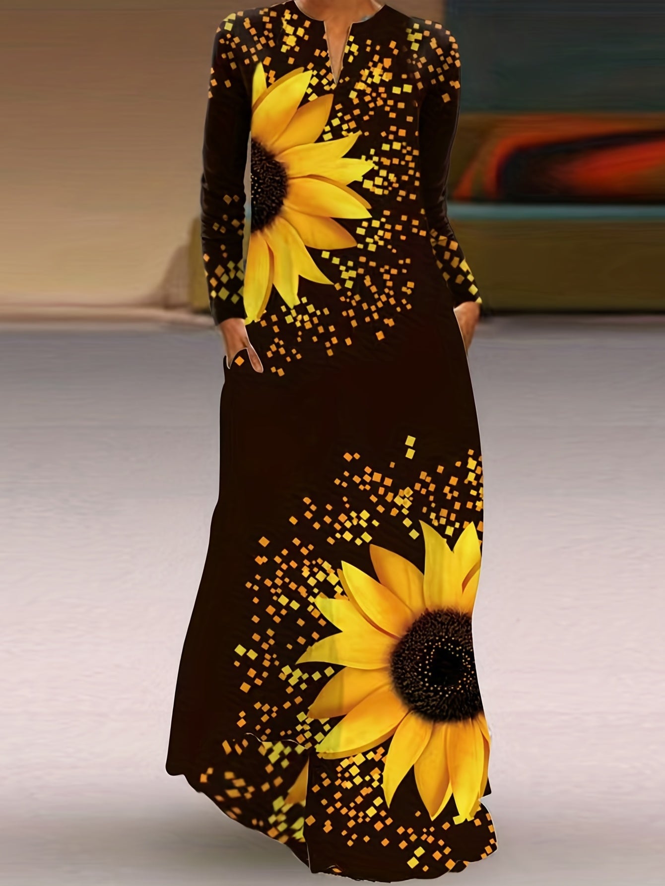  Sunflower Print Maxi Dress with Pockets